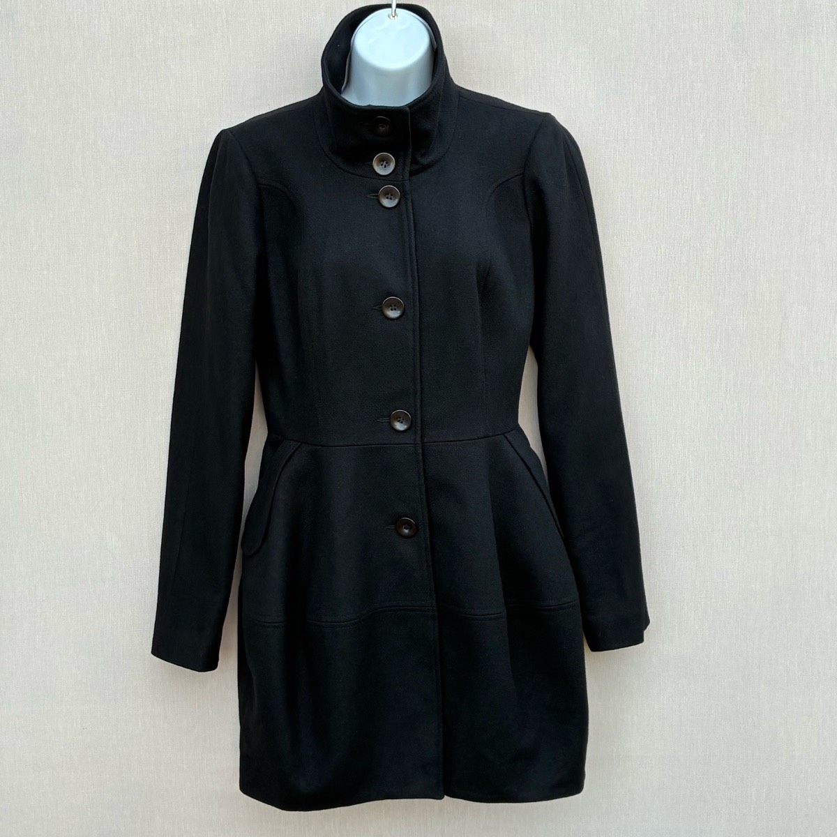 ASOS Wool Blend Coat Black UK 10 Fit & Flare High Neck Button Front