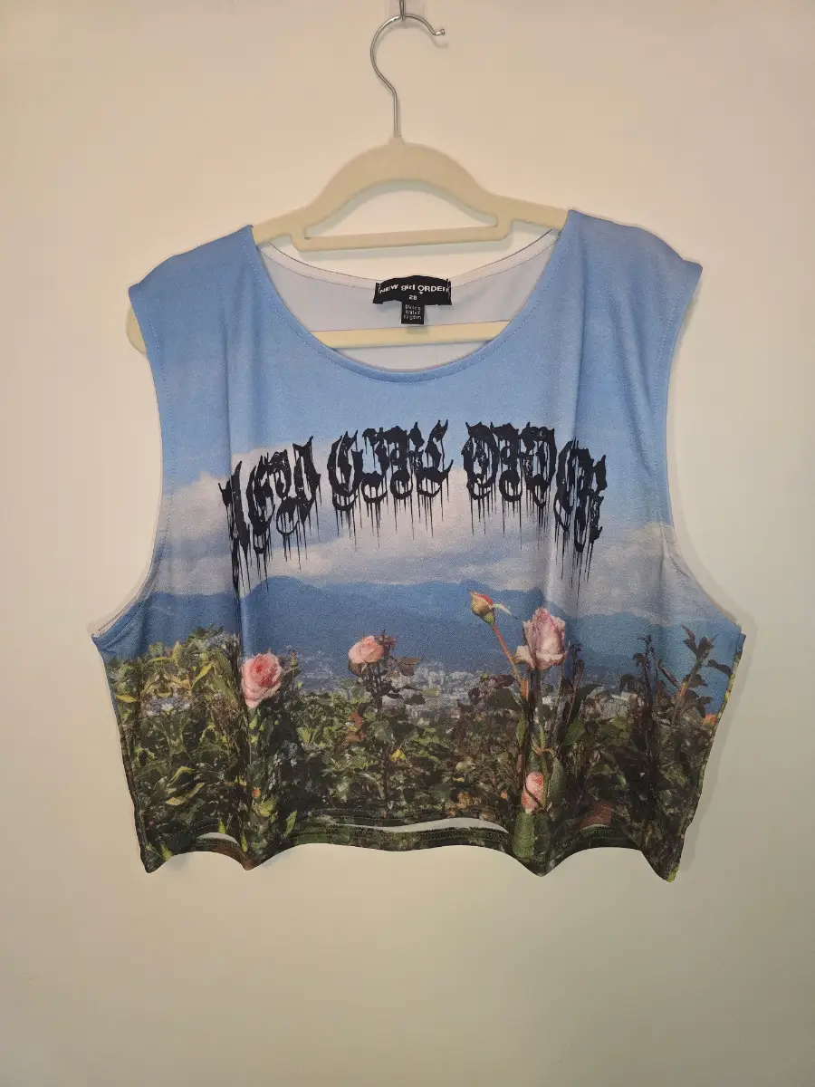 New Girl Order Blue Landscape & Rose Print Crop Top - UK 28