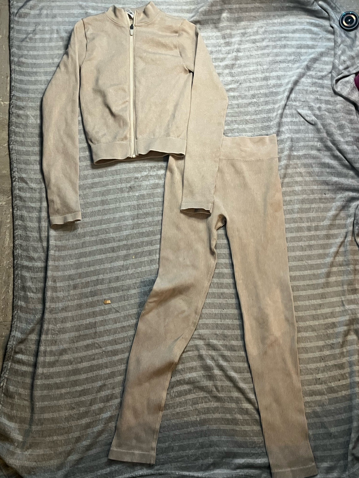 ribbed knit workout set, beige, zip jacket & leggings