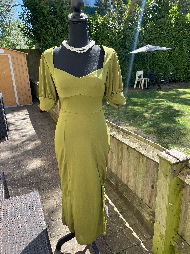 ASOS Design Olive Green Puff Sleeve Midi Dress UK 8