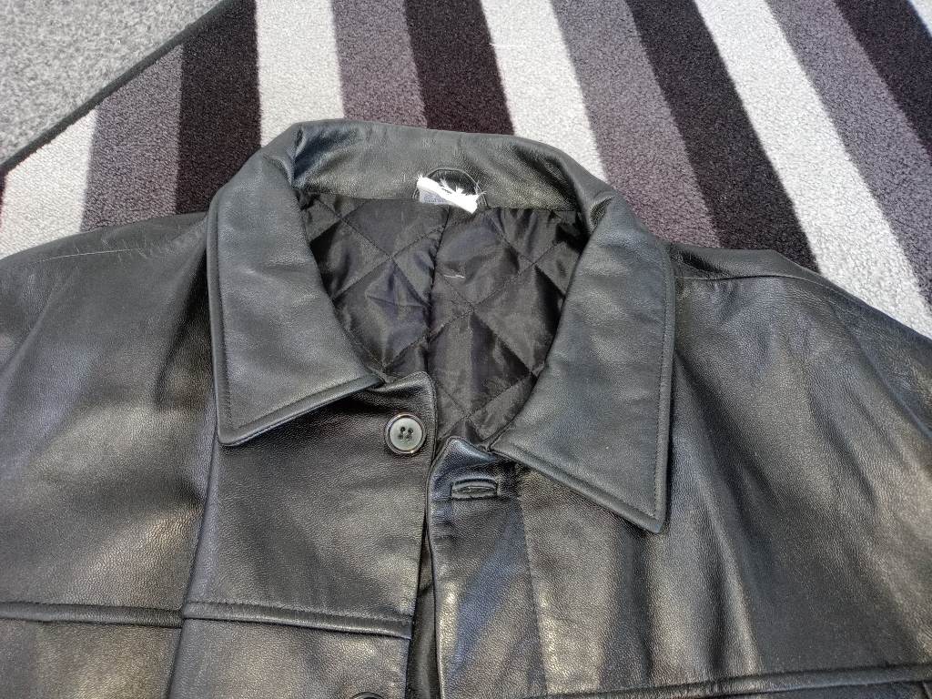 Vintage 70s mens black leather crombie jacket XXXL button closure