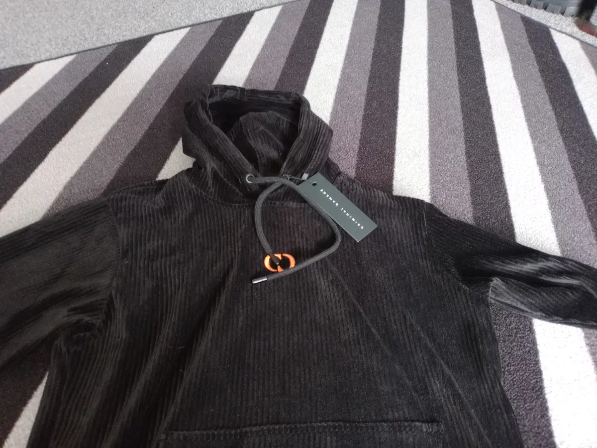 Criminal damage mens black corduroy hoodie XS gold logo drawstring closure