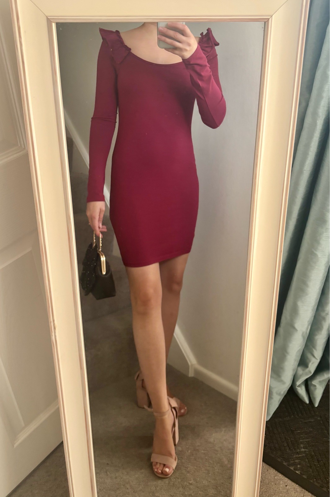 Boohoo Burgundy Frill Shoulder Bodycon Mini Dress UK 10