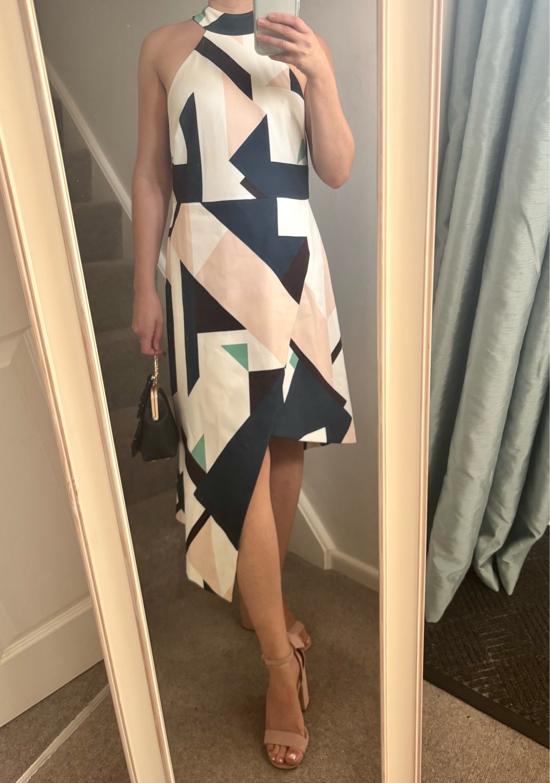 ASOS Geometric High Neck Asymmetric Midi Dress UK 12 Navy Blush Occasion BNWT