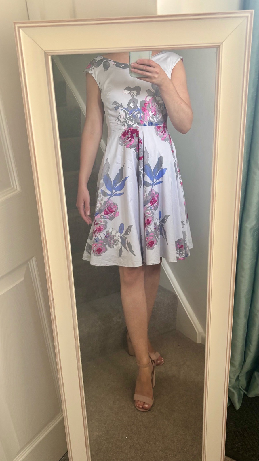 Joules Floral Fit & Flare Dress UK 8 Grey Pink Blue