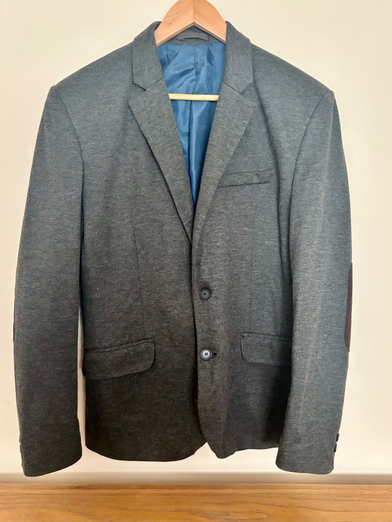 River Island Men’s Grey Blazer Jacket Brown Elbow Patches Size M