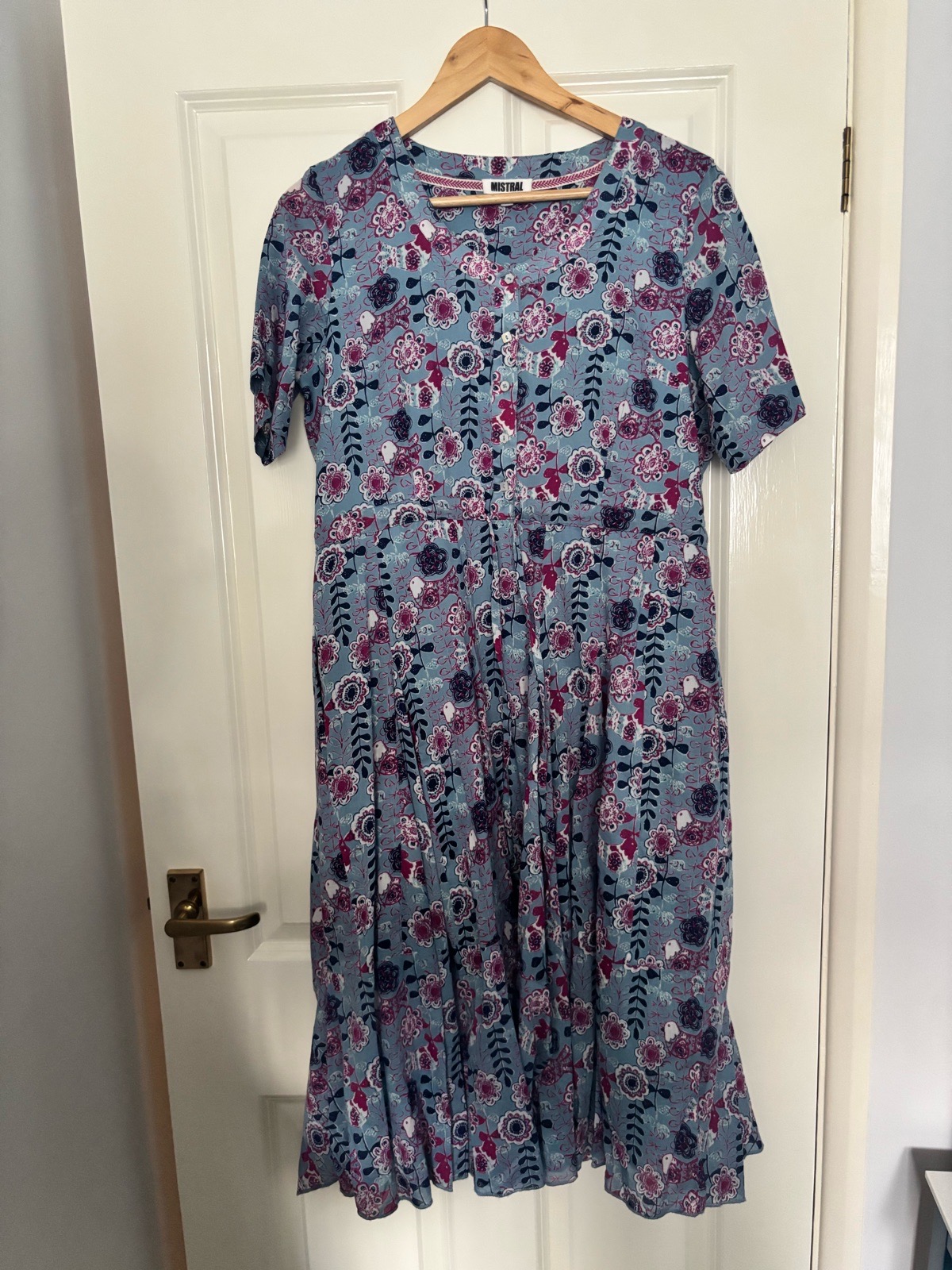 Mistral Size 12 Blue Floral Midi Dress Fit & Flare Short Sleeve