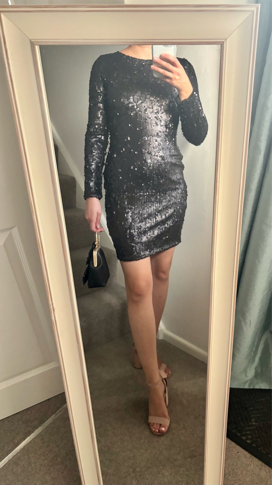 Lipsy Black Sequin Long Sleeve Bodycon Mini Dress Party Evening Size 10