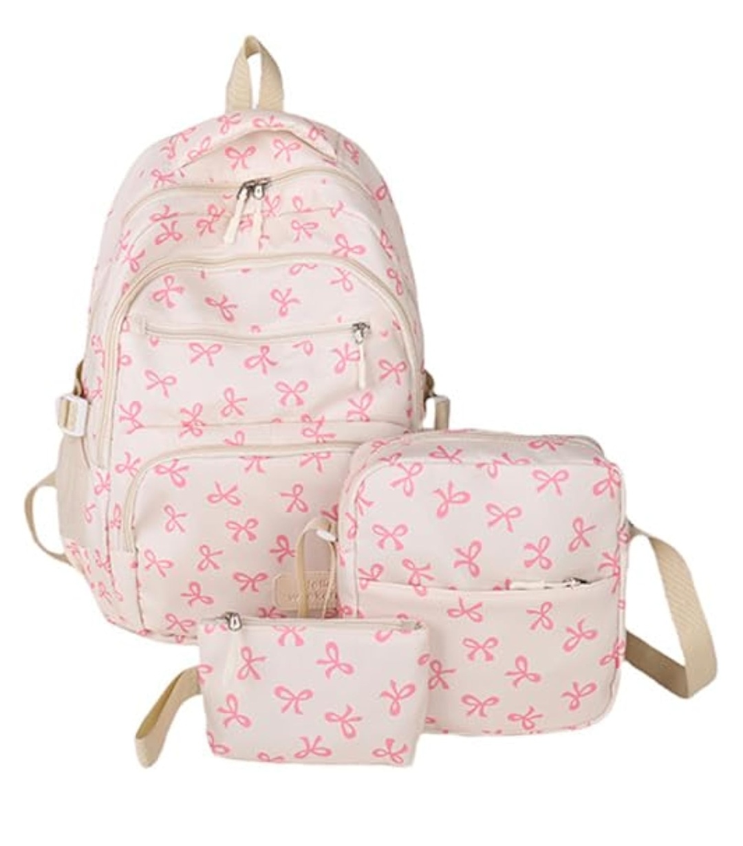 Pack of 3 cream/pink bow bags