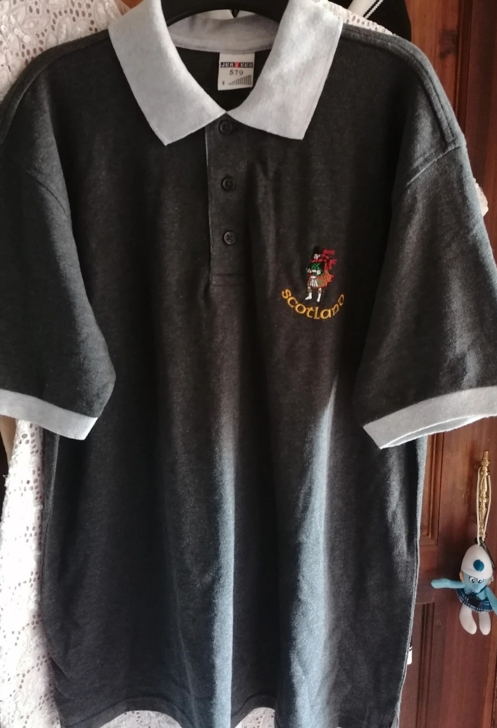 Dark Grey Polo Top With Embroidered Scotland Piper Motif Size Small New