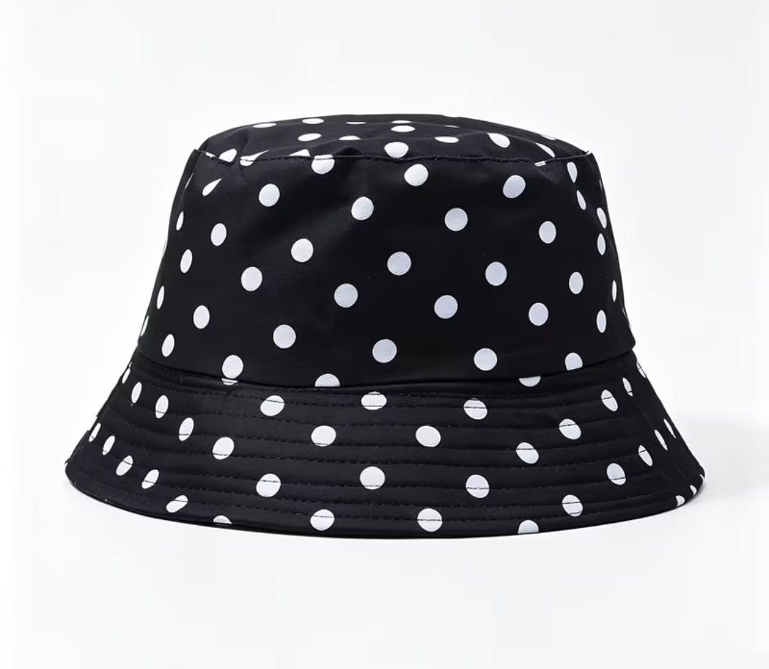 Black & white polka dot/plain black reversable unisex bucket hat one size adult new