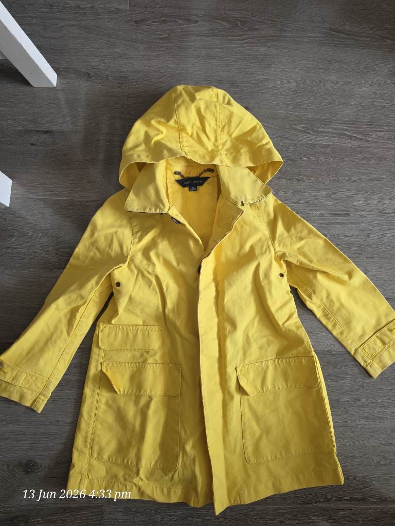Ralph Lauren Yellow Hooded Rain Coat with Pockets Mid-Length Size 6X