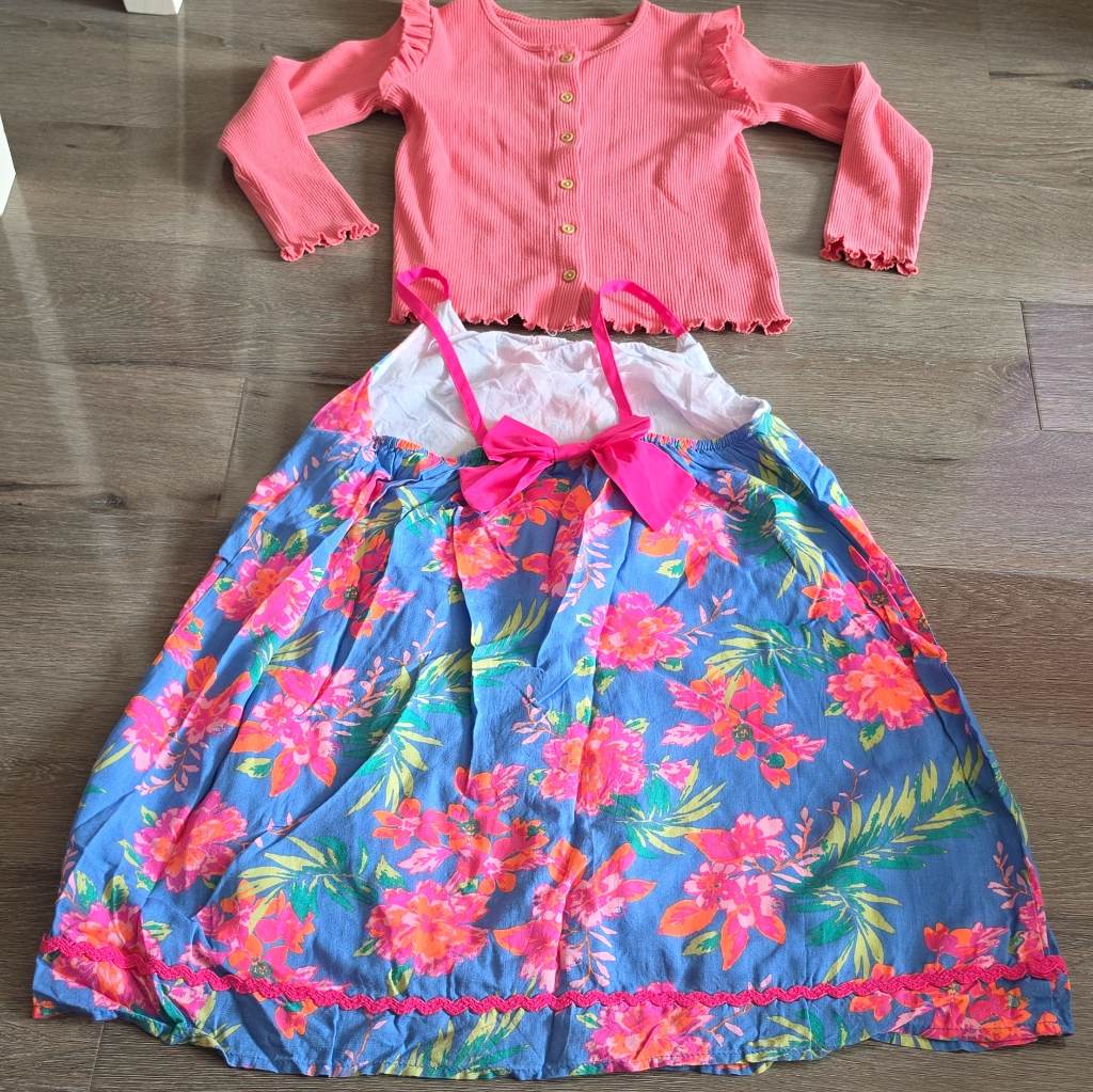 Girls 2pc Outfit Set 5-6Y Pink Ribbed cardigan & Blue sleeveless Floral dress