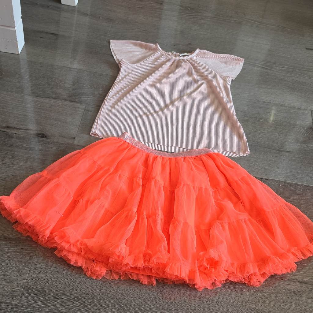 NEXT F&F Girls 2pc Outfit Set 6-7Y Pink Pleated Top & Orange Tulle Skirt