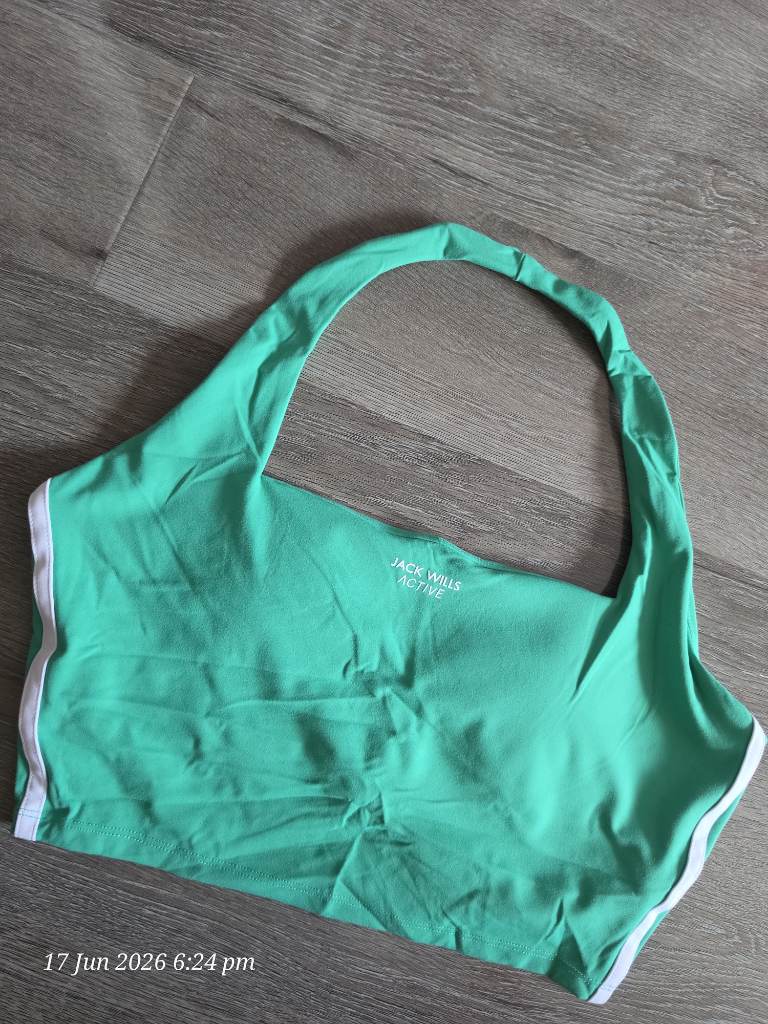 Jack Wills active halter bikini top size 16  green/white lined