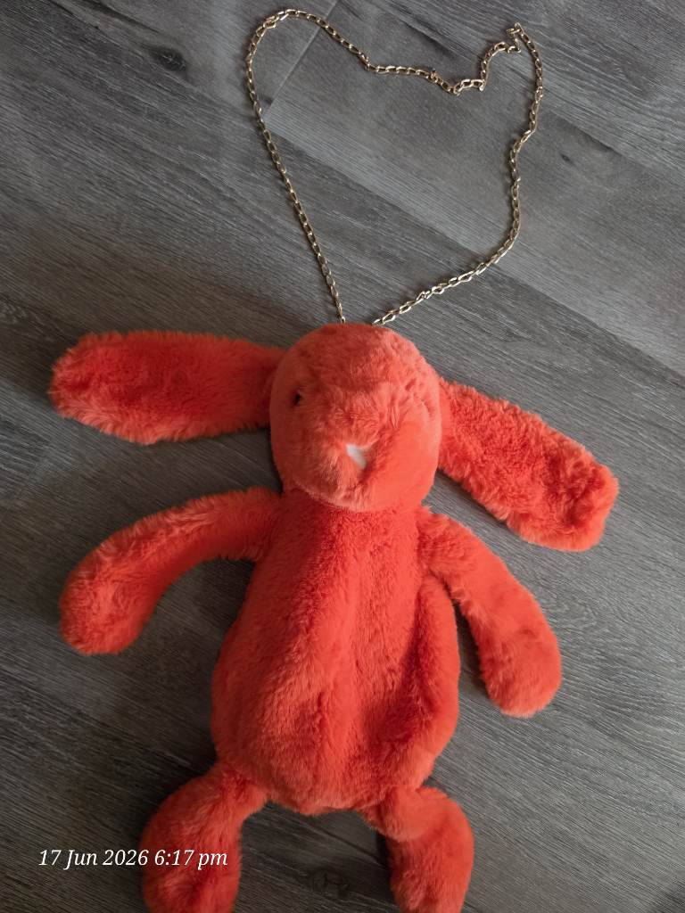 Orange Plush Bunny Faux Fur Crossbody Bag Zip, Detachable Gold Chain Strap