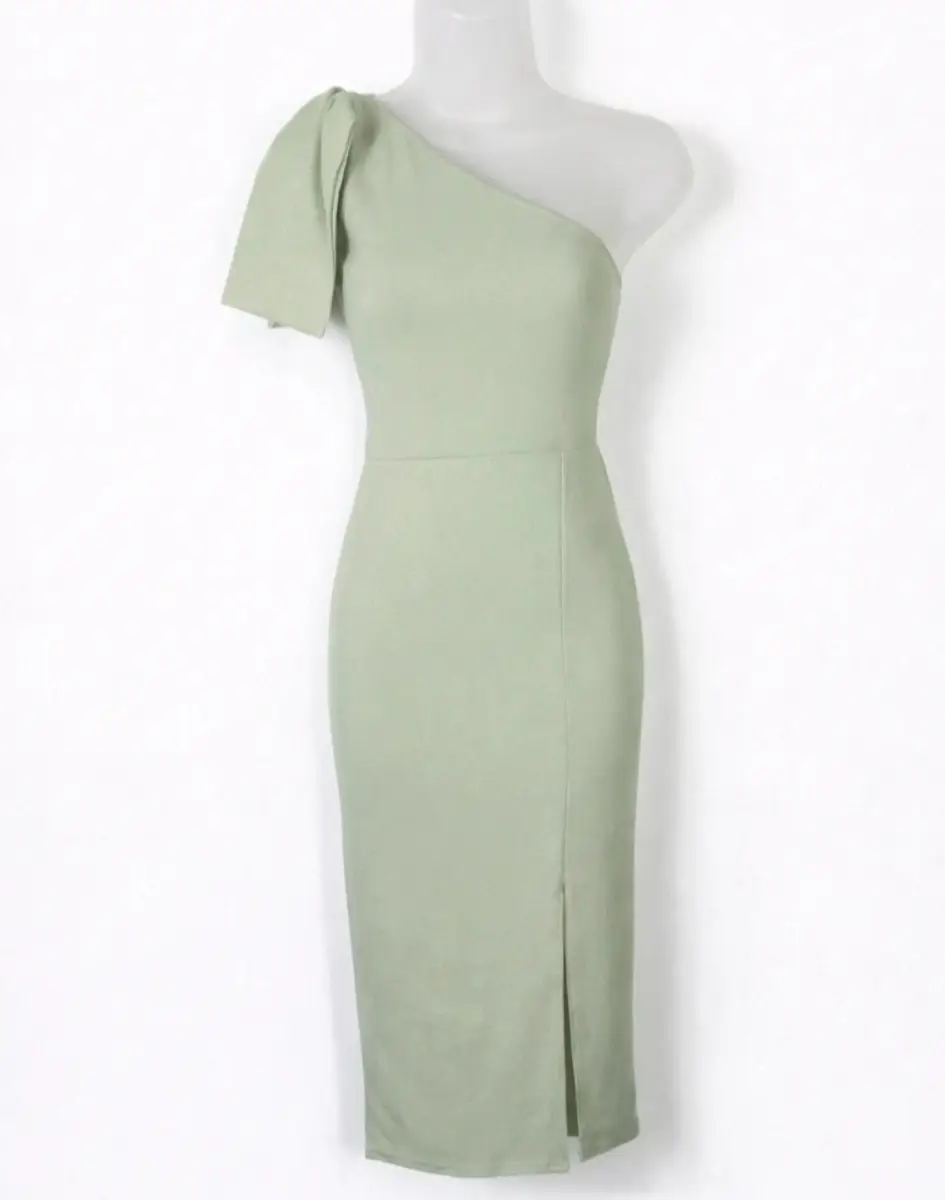 PrettyLittleThing Sage Green One Shoulder Midi Dress Size 4 XS Bow Wedding Guest Party NWT