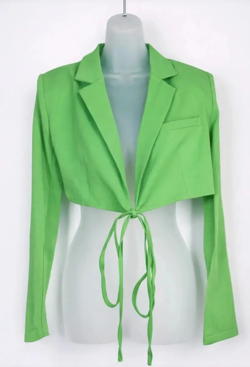 PrettyLittleThing Green Cropped Tie Front Blazer UK 6