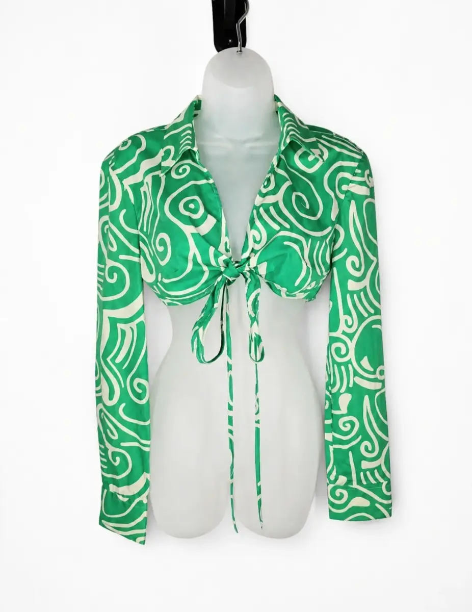ZARA Green Abstract Print Tie Front Crop Top Long Sleeve Size S  NWT