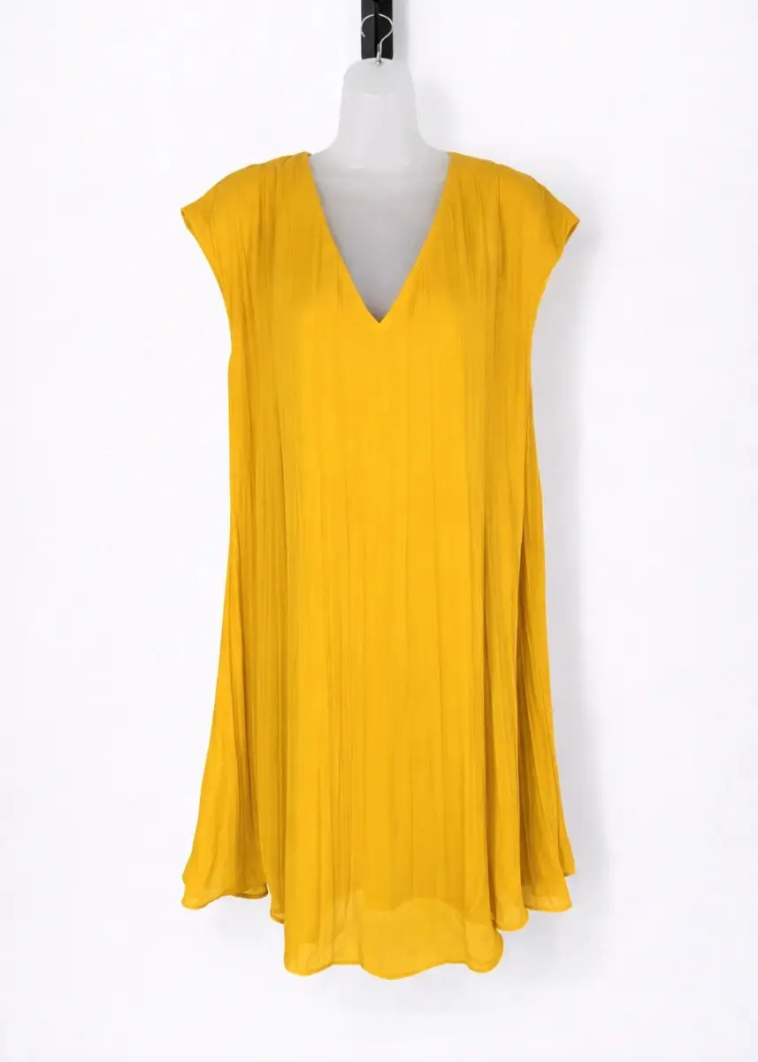 H&M Mustard Yellow Pleated Mini Dress Size 8 V Neck Floaty Summer Holiday NWT
