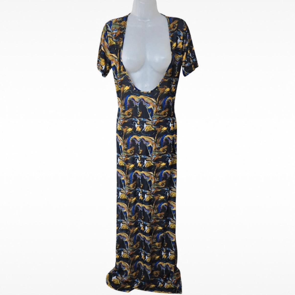 PrettyLittleThing Mesh Maxi Beach Cover-Up UK 16-18 L Swirl Print Sheer NWT