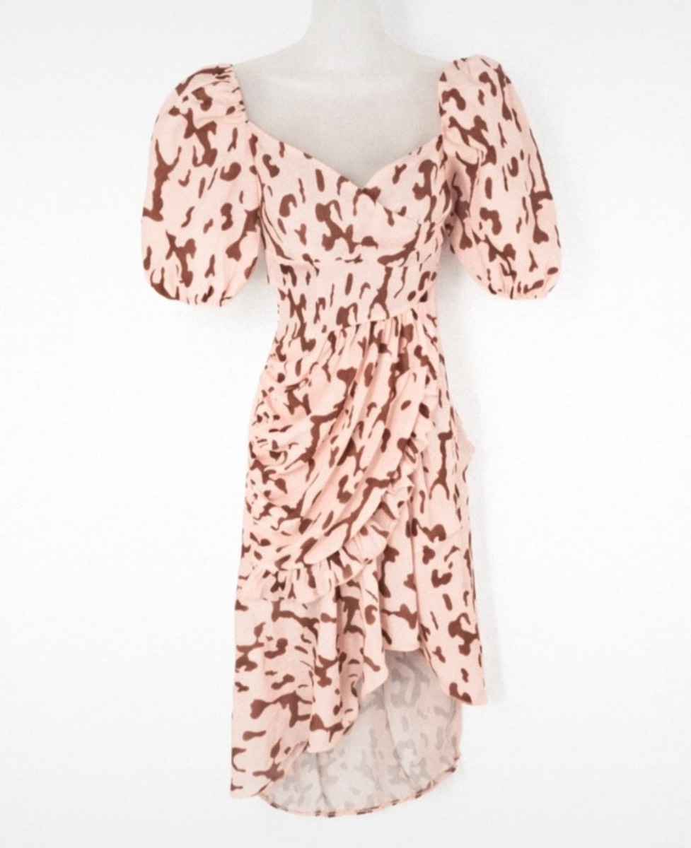 PrettyLittleThing Rose Brown Abstract Ruched Midi Dress UK 6 XS Puff Sleeve