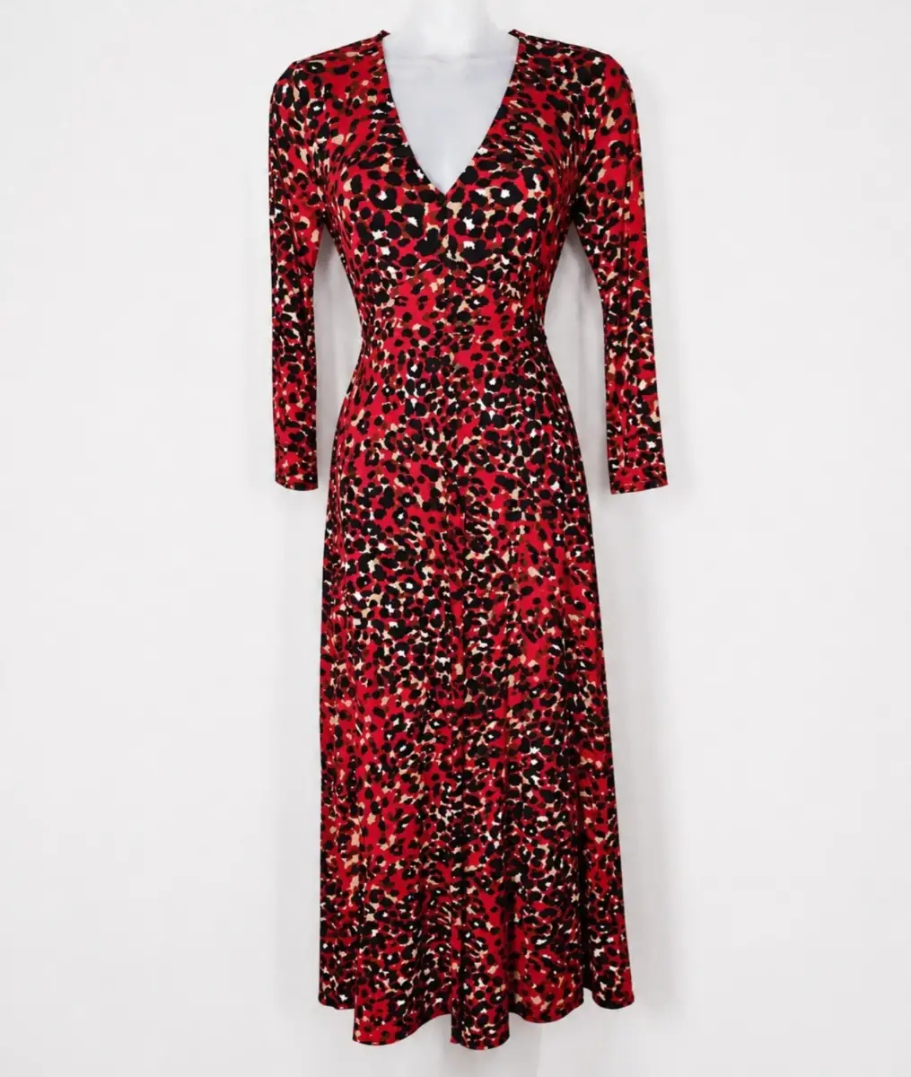 F&F Red Leopard Print Midi Maxi Dress Size 6 XS V Neck Flowy Summer Holiday BNWT