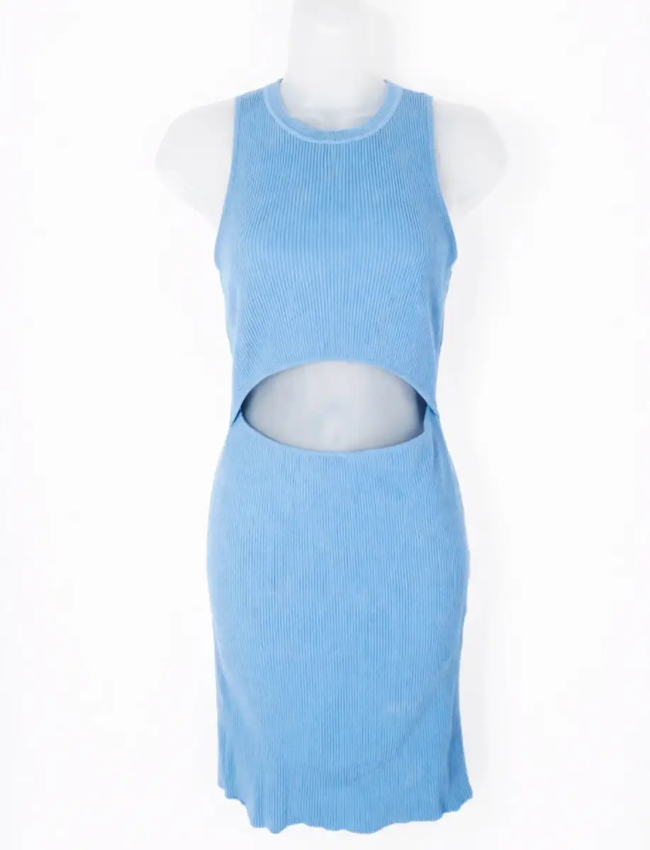 Bershka Blue Ribbed Cut Out Waist Bodycon Mini Dress Size 10 Sleeveless Going Out