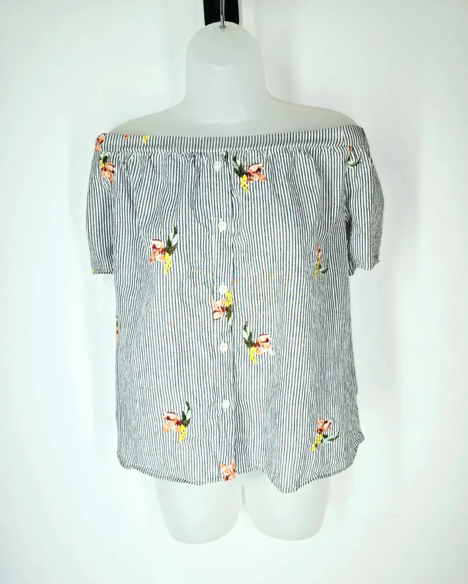 Warehouse Blue Stripe Floral Embroidered Bardot Top UK 16 NWT