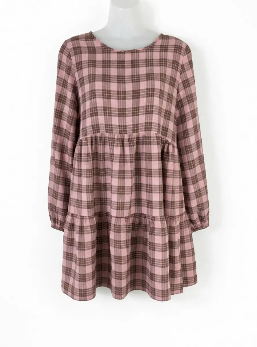 QED London Pink Check Smock Mini Dress Size 8 Tiered Long Sleeve NWT
