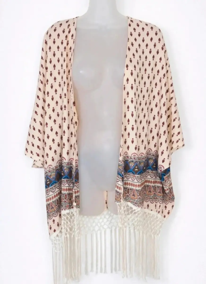 Amber Krystal Boho Kimono Cover Up Cream Fringe Hem UK 12-14