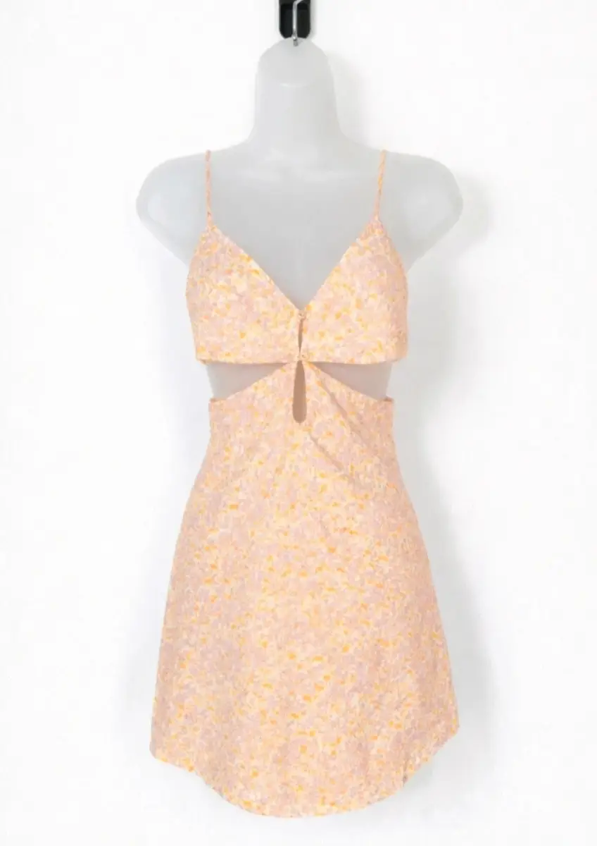 Zara Peach Floral Cut Out Mini Dress Size XS UK 6 Tie Front Strappy Summer
