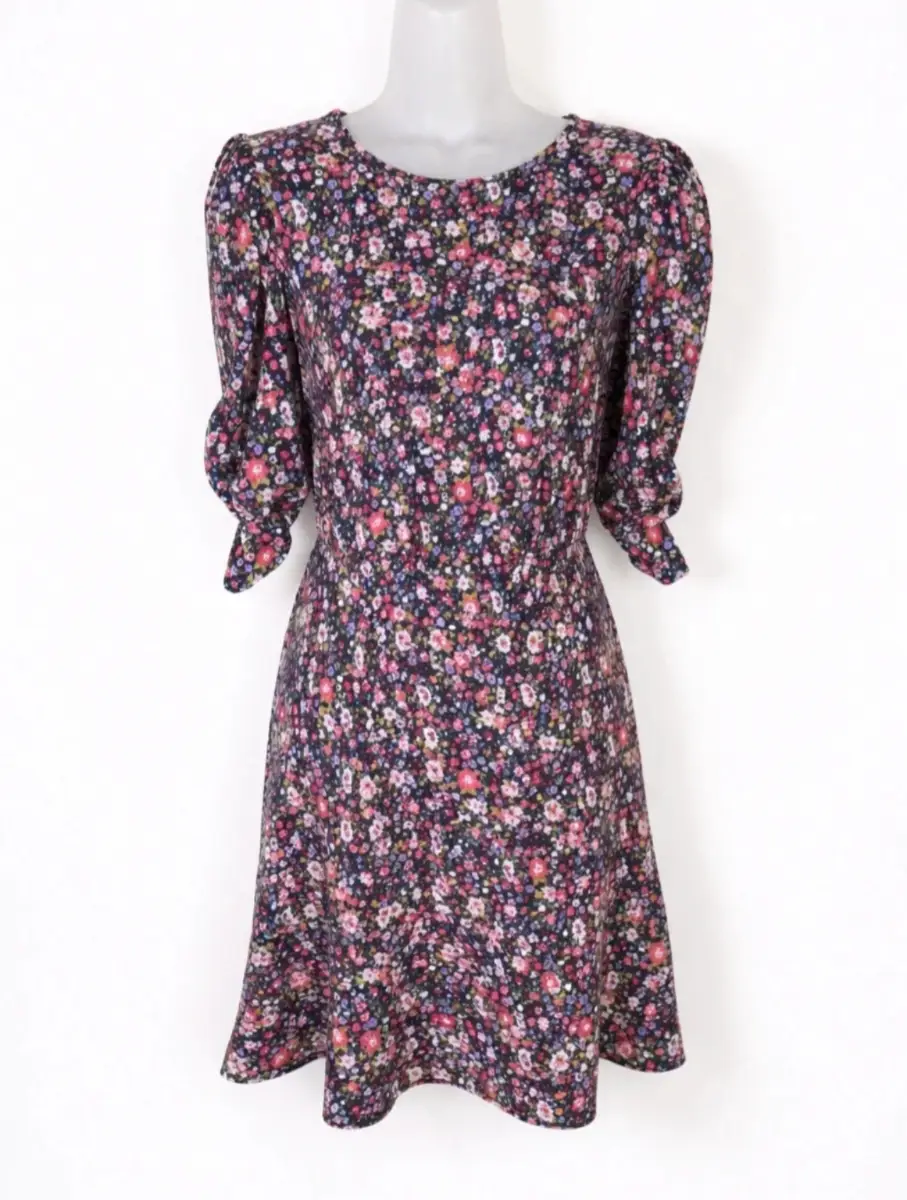 George Black Floral Mini Skater Dress Puff Sleeves Size UK 10  M
