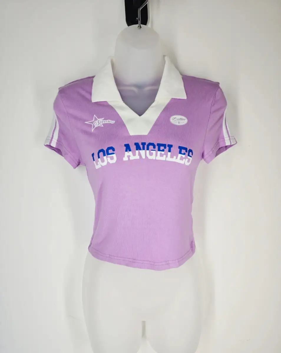 SHEIN Lilac Crop Polo T-Shirt Los Angeles Print Y2K Size S