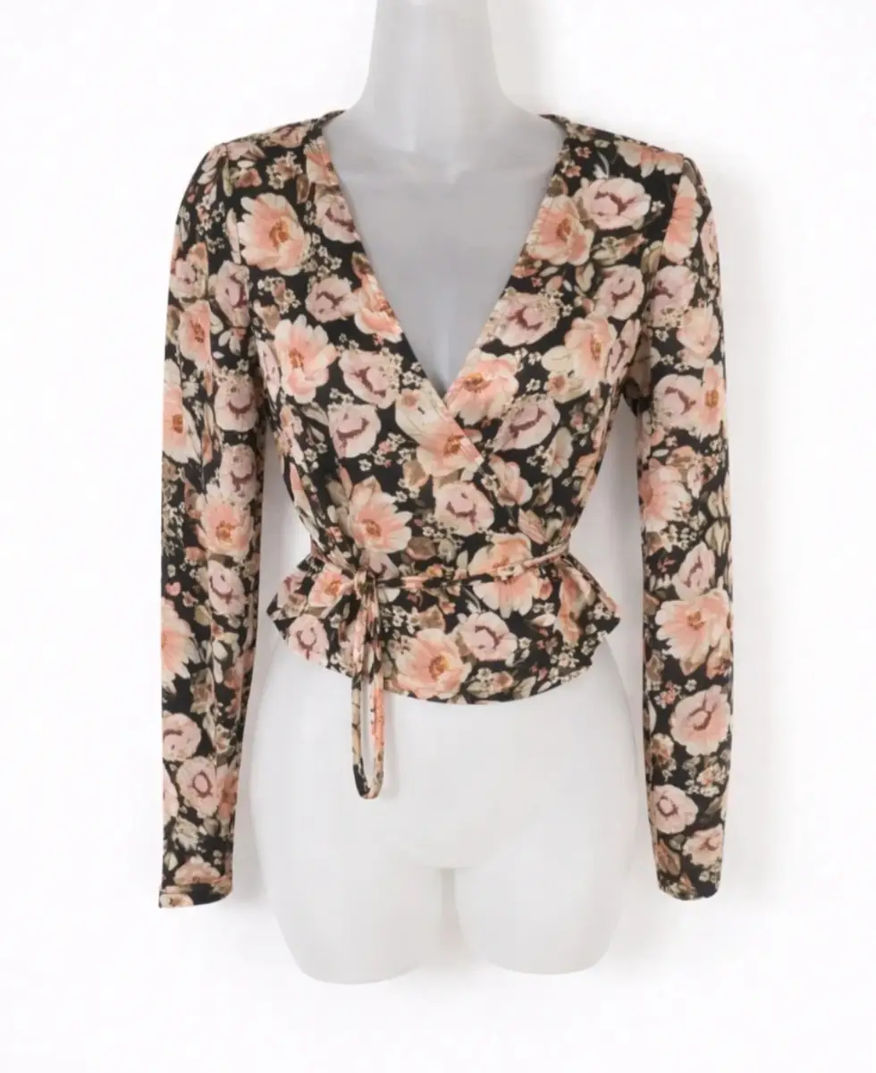 Nasty Gal Black Floral Wrap Peplum Blouse Tie Waist UK 8 NWT