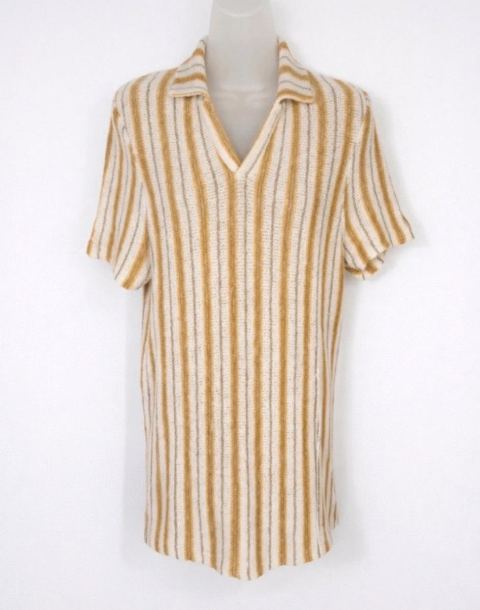 Zara Knit Tunic Top Striped V Neck Collar M Longline Short Sleeve