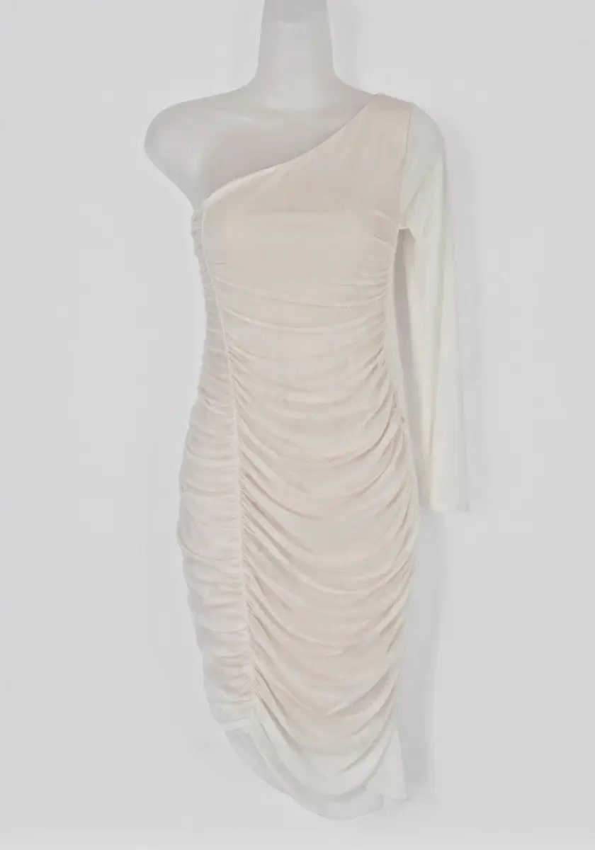 Boohoo Maternity White One Shoulder Ruched Bodycon Dress Size 10 Baby Shower NWT
