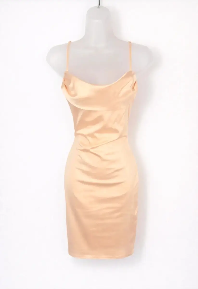 Oh Polly Champagne Satin Cowl Neck Mini Dress UK 10