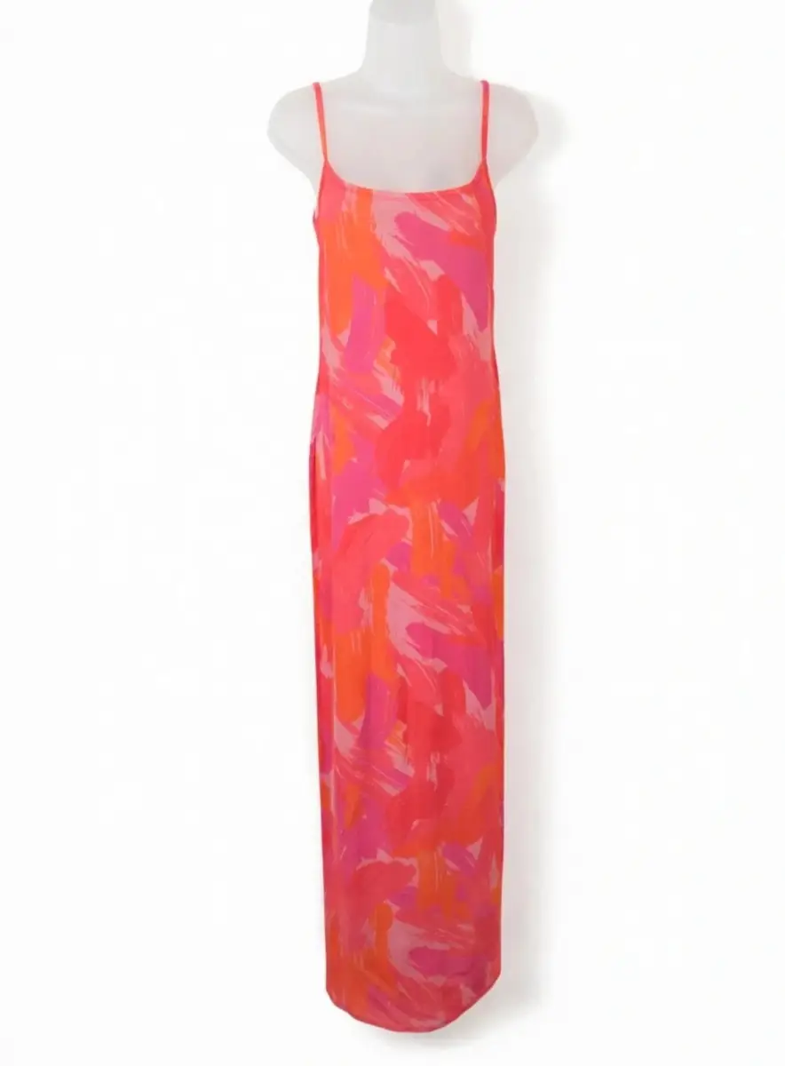 Boohoo Pink Orange Abstract Print Maxi Dress Size 14 Strappy Holiday Summer