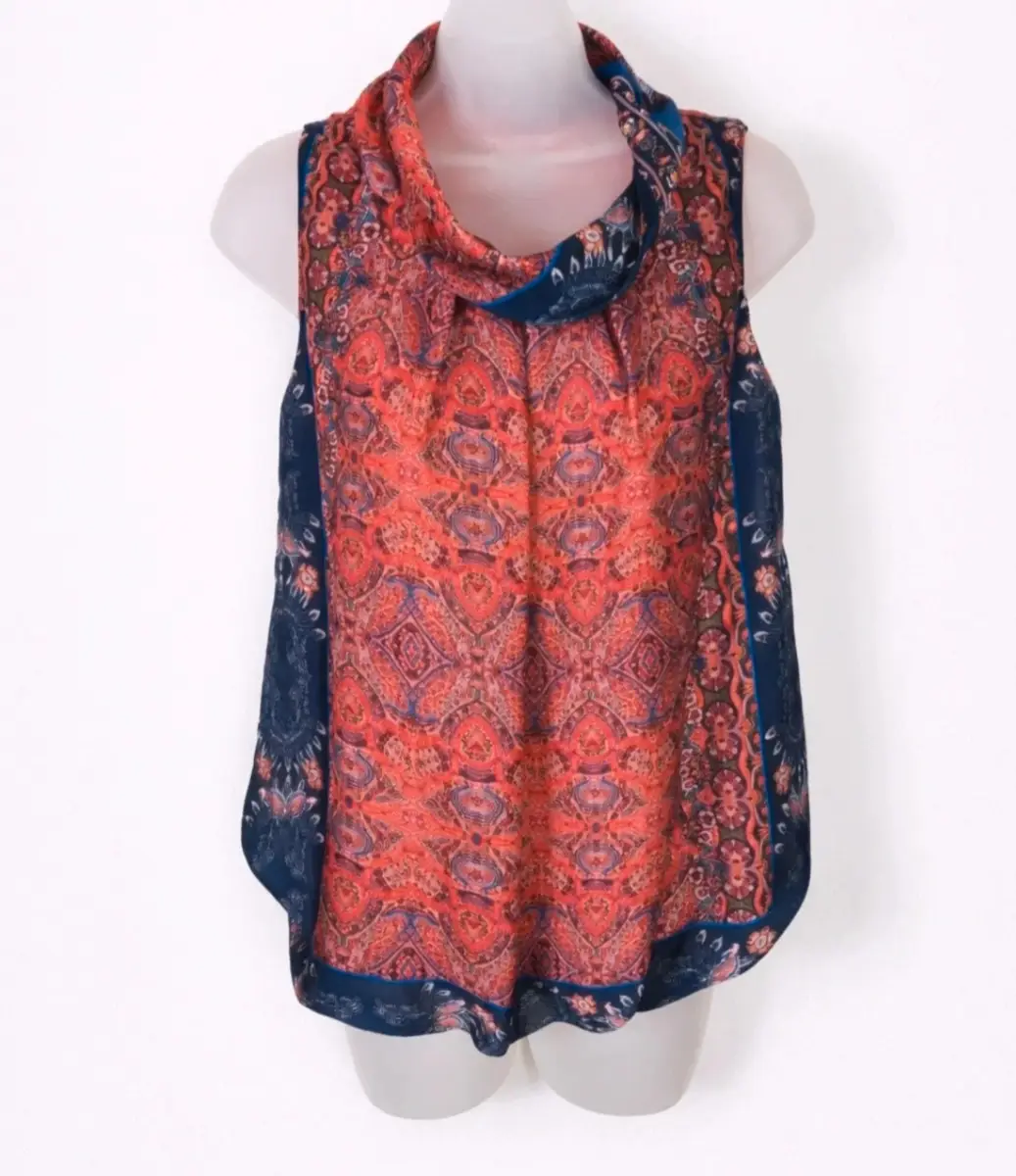 Tinta Red Navy Paisley Sleeveless Blouse Size 10 Cowl Neck Boho Made in Spain