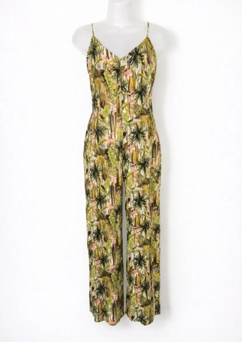 Pull&Bear Tropical Print Wide Leg Jumpsuit Size 8 S Strappy Open Back Summer NWT