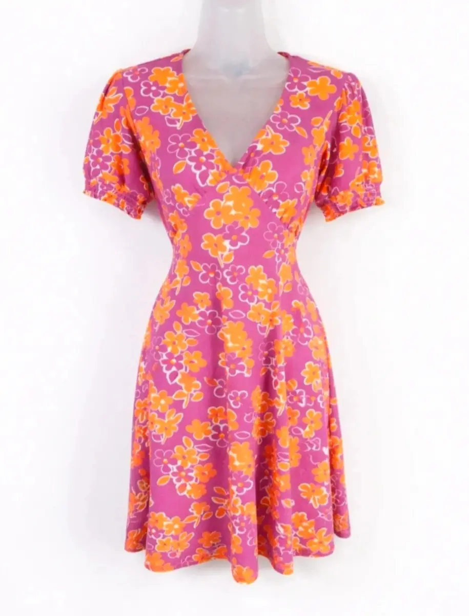 QED London Pink Orange Floral Wrap Dress UK 6 Puff Sleeve New