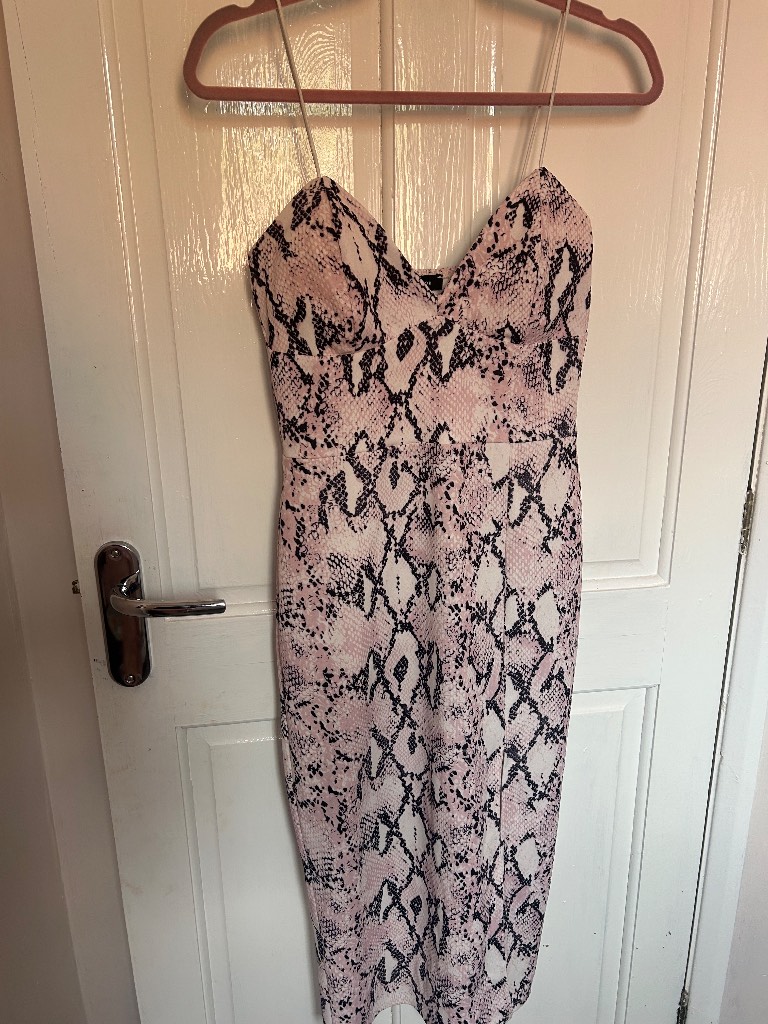 New Look Pink Snake Print Strapless/Cami Midi Bodycon Dress | Size 12