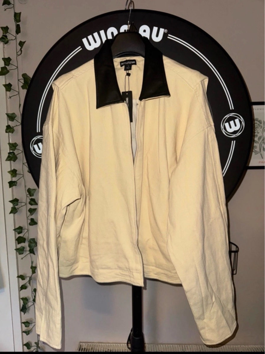 PLT Beige/ Cream Jacket With Black Leather Collar - Size Medium