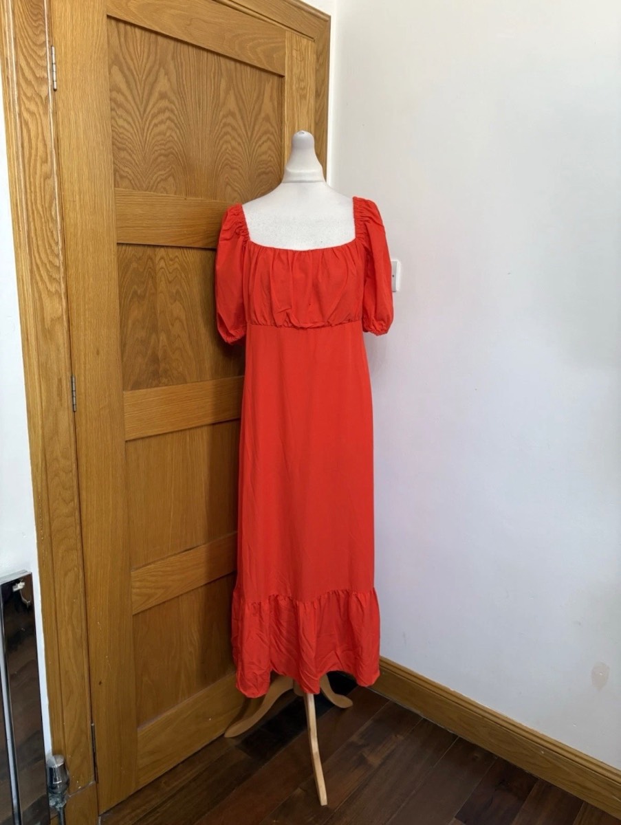 River Island Signature to Go Milkmaid Midi Dress Colour Red Size 12