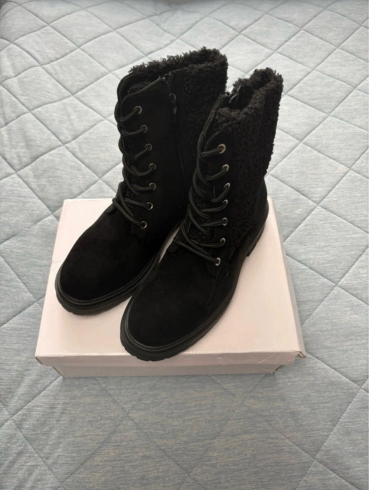 C'M Paris Faux Suede & Teddy Fleece Lace-Up Ankle Boots Colour Black Size 36 Uk Size 3