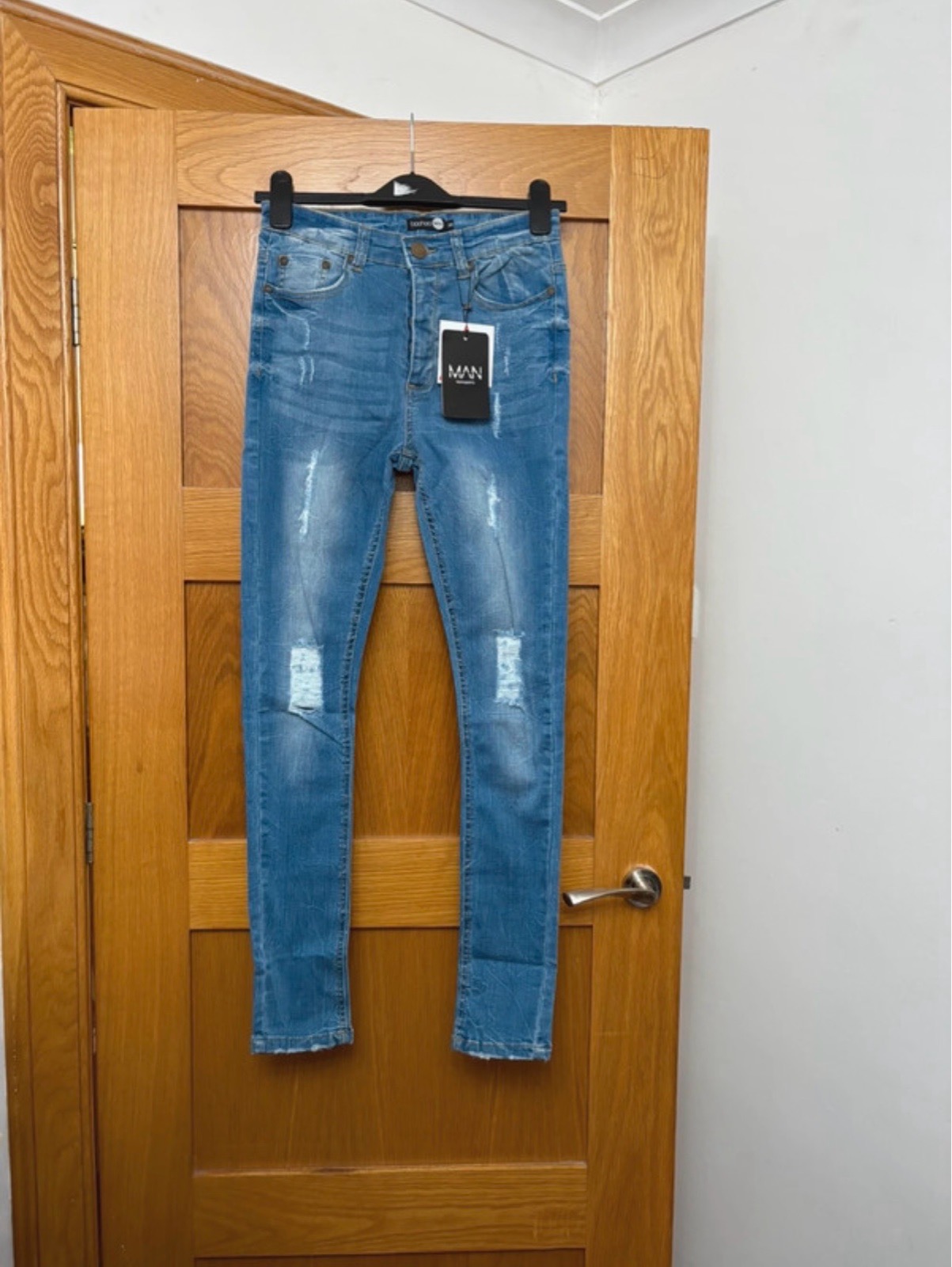 Boohooman Spray On Skinny Jeans With Distressed Detail Colour Mid Blue Size 30R