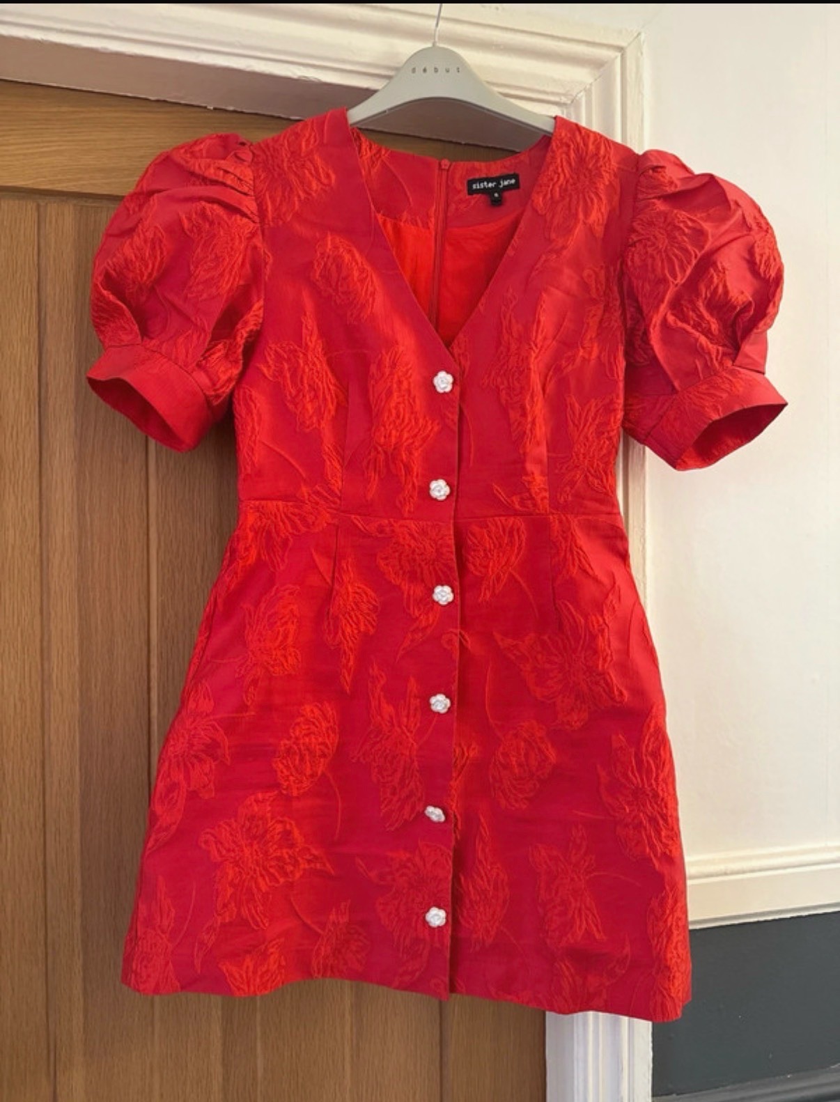 Sister Jane red brocade puff sleeve mini dress