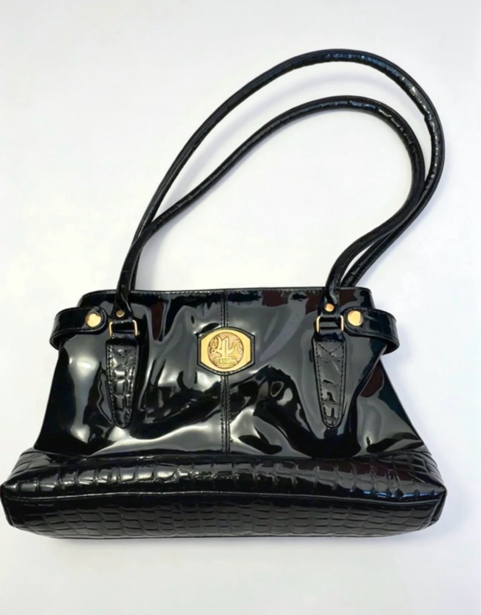 4 Seasons Black Patent Croc-Effect Shoulder Bag | Gold Brand Emblem