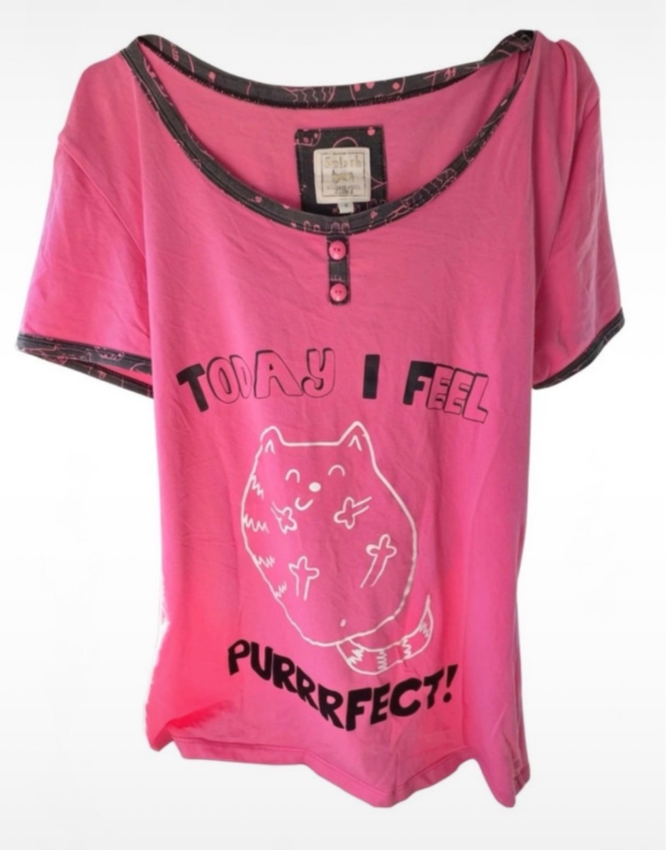 Vintage Y2K Splash Pink Cat T-Shirt | "Today I Feel Purrrfect" Graphic | Size 8